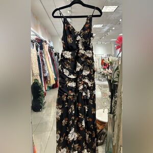 SLEEVELESS RUCHED RUFFLE MAXI DRESS IN BLACK MULTI FLORAL